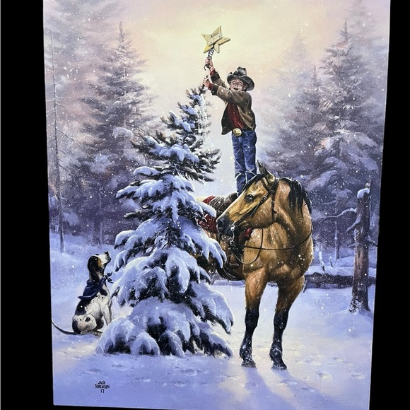 Jack Sorensen Canvas Wall Art Boy Hanging A Star On A Snow Flocked Tree 20”x16” - Picture 3 of 12